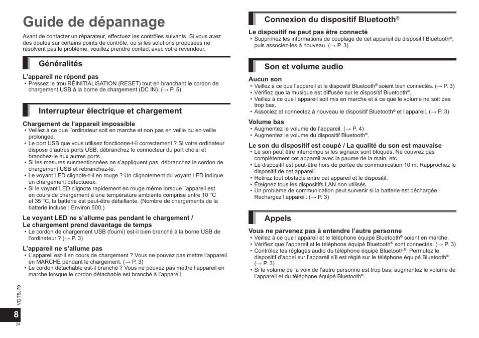Guide de dépannage, Généralités, Interrupteur électrique et chargement | Connexion du dispositif bluetooth, Son et volume audio, Appels | Panasonic RPBTD10E User Manual | Page 24 / 122