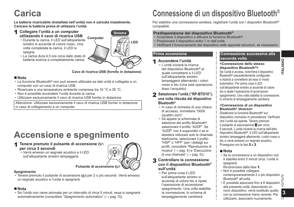 Carica, Connessione di un dispositivo bluetooth, Accensione e spegnimento | Panasonic RPBTD10E User Manual | Page 27 / 122