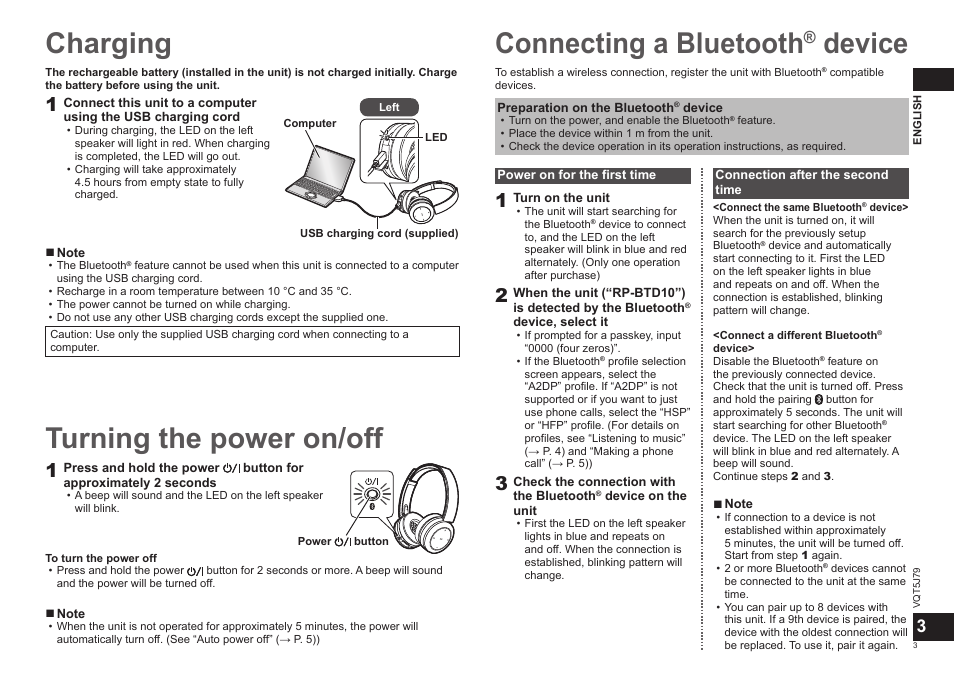 Charging, Connecting a bluetooth, Device | Turning the power on/off | Panasonic RPBTD10E User Manual | Page 3 / 122