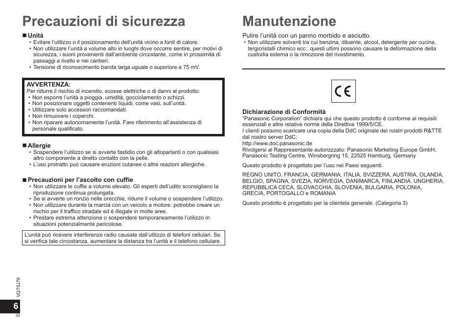 Precauzioni di sicurezza, Manutenzione | Panasonic RPBTD10E User Manual | Page 30 / 122