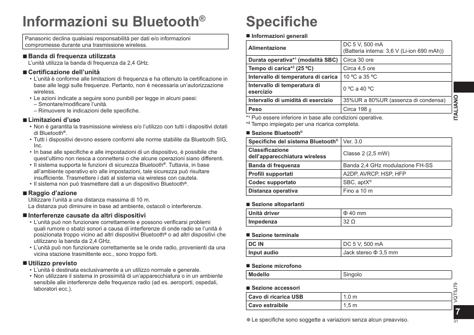 Informazioni su bluetooth, Specifiche | Panasonic RPBTD10E User Manual | Page 31 / 122