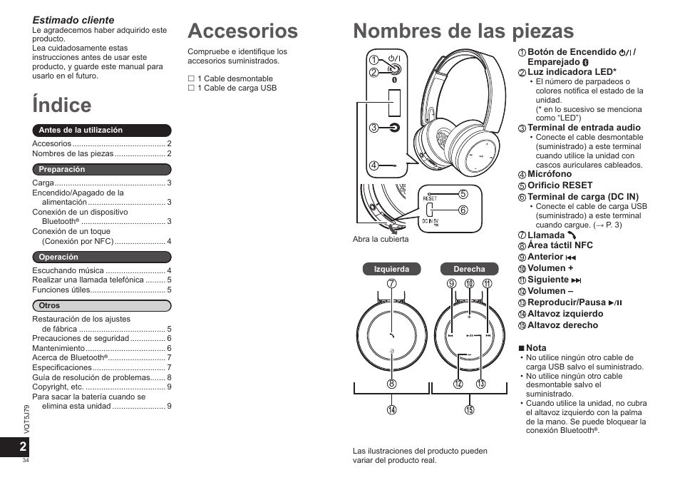 Índice, Nombres de las piezas, Accesorios | Panasonic RPBTD10E User Manual | Page 34 / 122