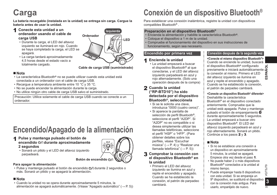 Carga, Conexión de un dispositivo bluetooth, Encendido/apagado de la alimentación | Panasonic RPBTD10E User Manual | Page 35 / 122