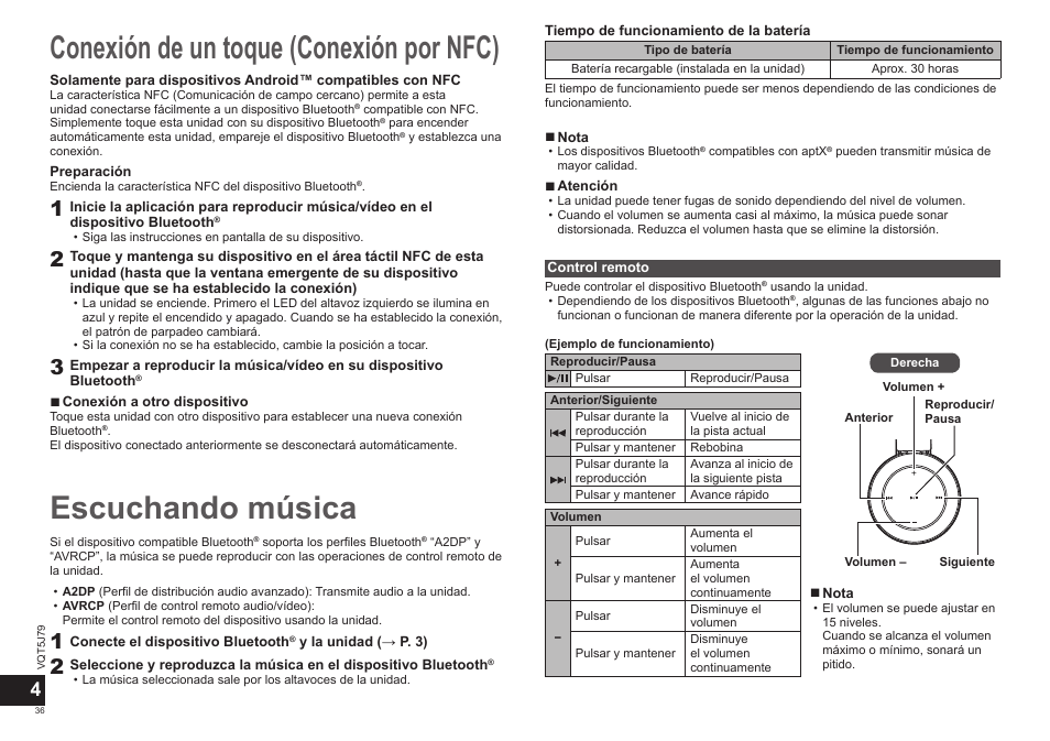 Escuchando música, Conexión de un toque (conexión por nfc) | Panasonic RPBTD10E User Manual | Page 36 / 122
