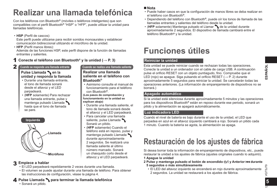 Realizar una llamada telefónica, Funciones útiles, Restauración de los ajustes de fábrica | Panasonic RPBTD10E User Manual | Page 37 / 122