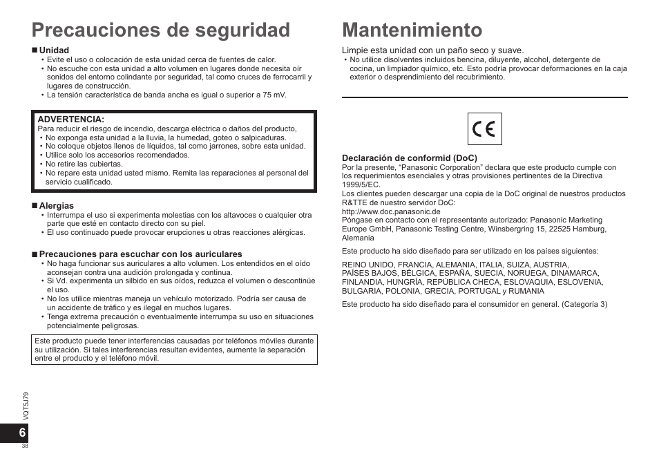 Precauciones de seguridad mantenimiento | Panasonic RPBTD10E User Manual | Page 38 / 122