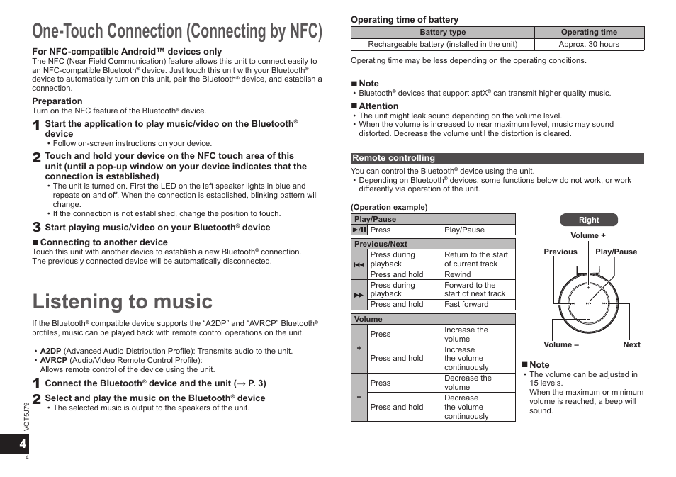 Listening to music, One-touch connection (connecting by nfc) | Panasonic RPBTD10E User Manual | Page 4 / 122