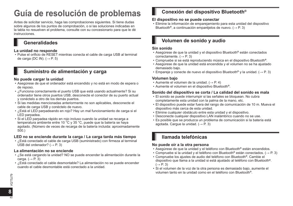 Guía de resolución de problemas, Generalidades, Suministro de alimentación y carga | Conexión del dispositivo bluetooth, Volumen de sonido y audio, Llamada telefónicas | Panasonic RPBTD10E User Manual | Page 40 / 122