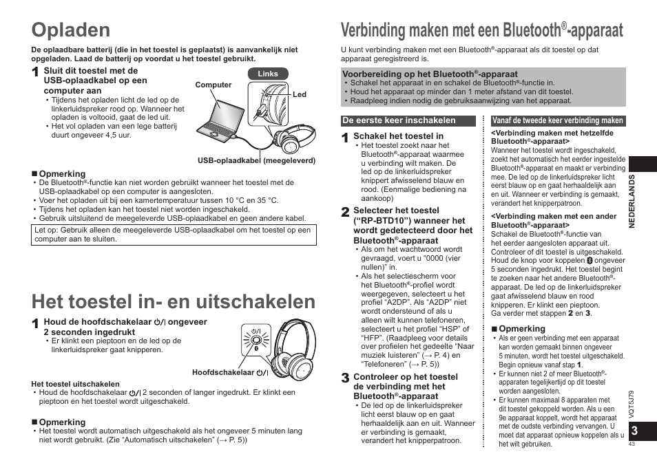 Opladen, Verbinding maken met een bluetooth, Apparaat | Het toestel in- en uitschakelen | Panasonic RPBTD10E User Manual | Page 43 / 122
