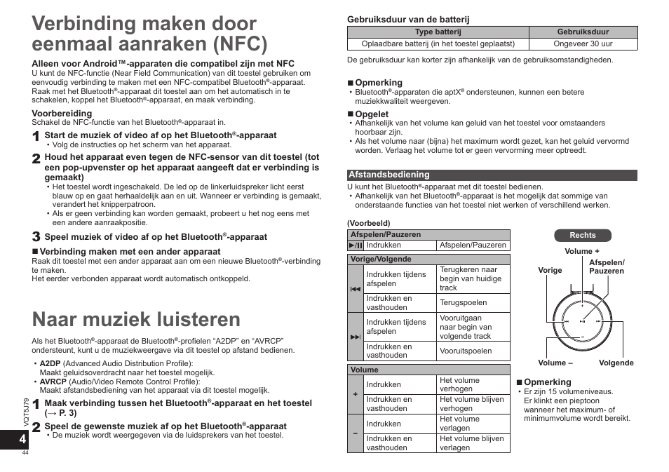 Naar muziek luisteren, Verbinding maken door eenmaal aanraken (nfc) | Panasonic RPBTD10E User Manual | Page 44 / 122