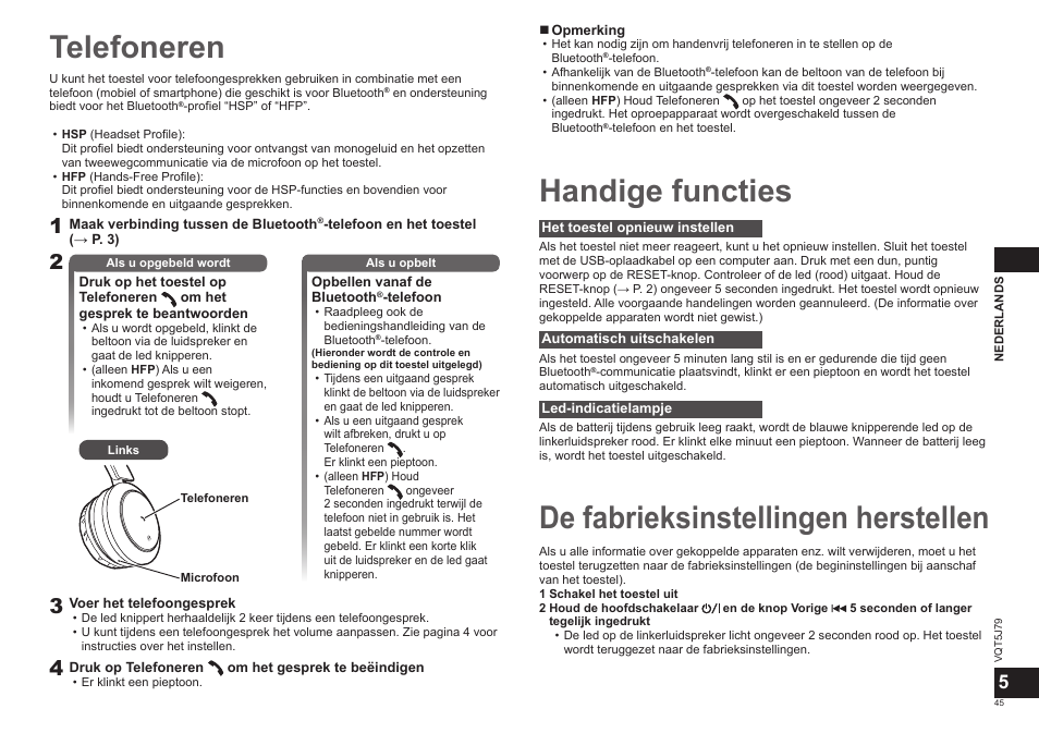 Telefoneren, Handige functies, De fabrieksinstellingen herstellen | Panasonic RPBTD10E User Manual | Page 45 / 122