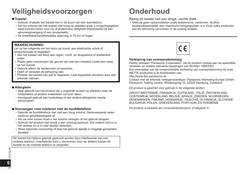 Veiligheidsvoorzorgen, Onderhoud | Panasonic RPBTD10E User Manual | Page 46 / 122
