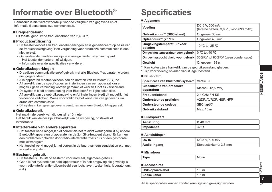 Informatie over bluetooth, Specificaties | Panasonic RPBTD10E User Manual | Page 47 / 122