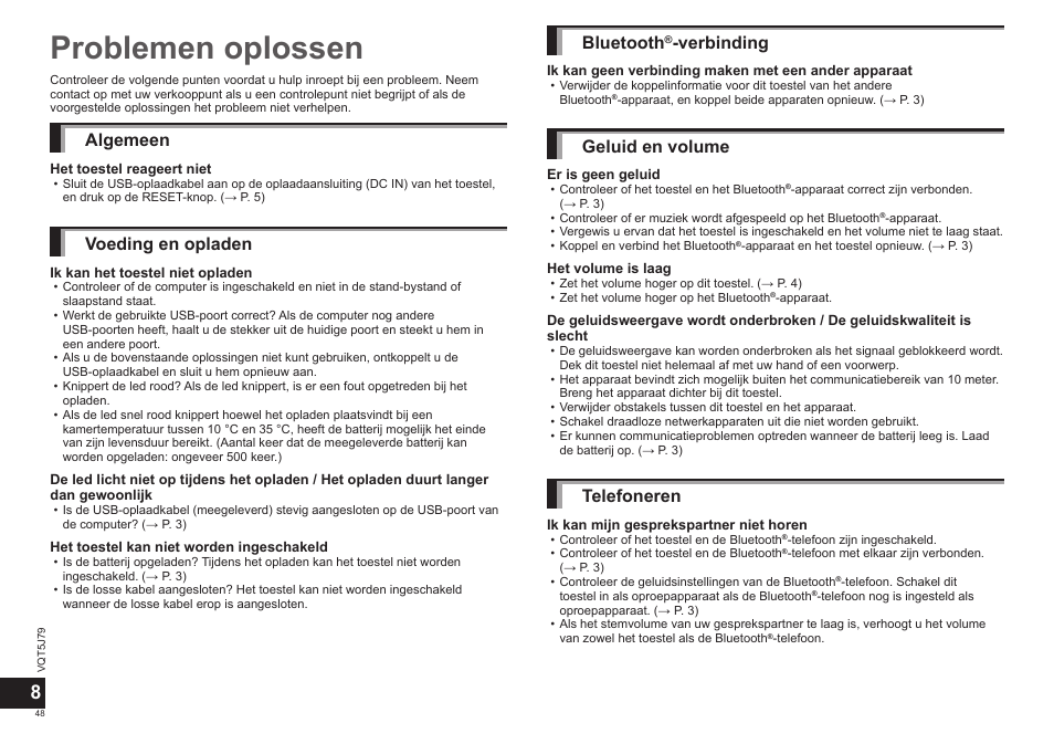 Problemen oplossen, Algemeen, Voeding en opladen | Bluetooth, Verbinding, Geluid en volume, Telefoneren | Panasonic RPBTD10E User Manual | Page 48 / 122