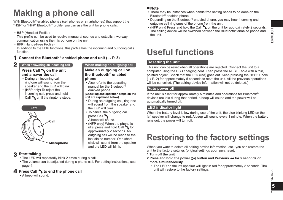 Making a phone call, Useful functions, Restoring to the factory settings | Panasonic RPBTD10E User Manual | Page 5 / 122