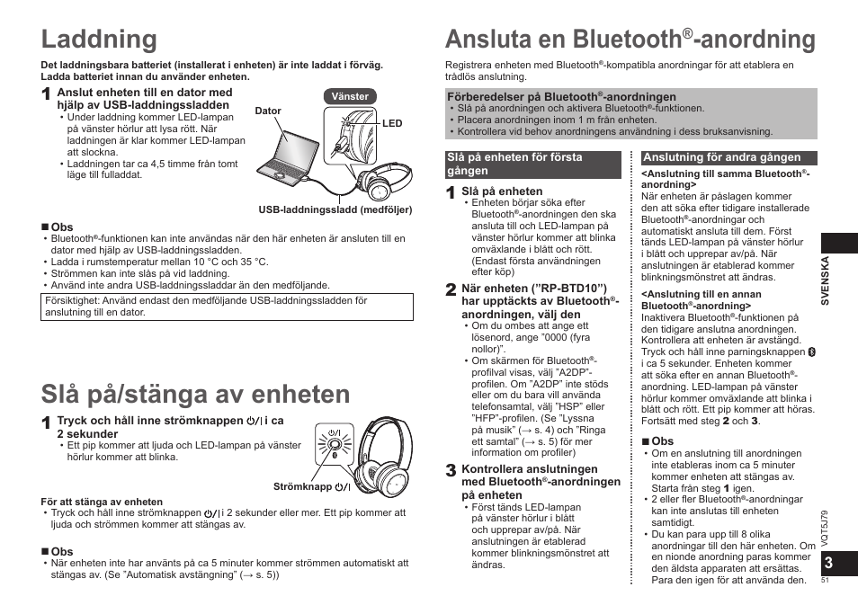 Laddning, Ansluta en bluetooth, Anordning | Slå på/stänga av enheten | Panasonic RPBTD10E User Manual | Page 51 / 122