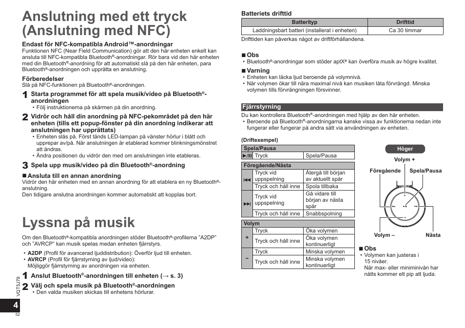 Lyssna på musik, Anslutning med ett tryck (anslutning med nfc) | Panasonic RPBTD10E User Manual | Page 52 / 122