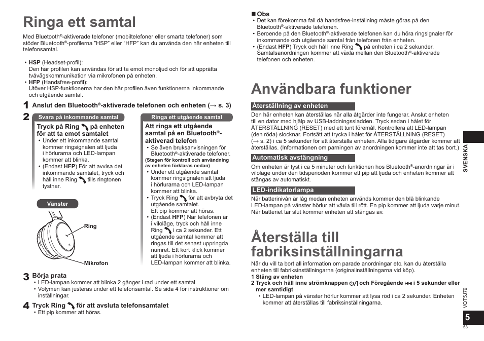 Ringa ett samtal, Användbara funktioner, Återställa till fabriksinställningarna | Panasonic RPBTD10E User Manual | Page 53 / 122