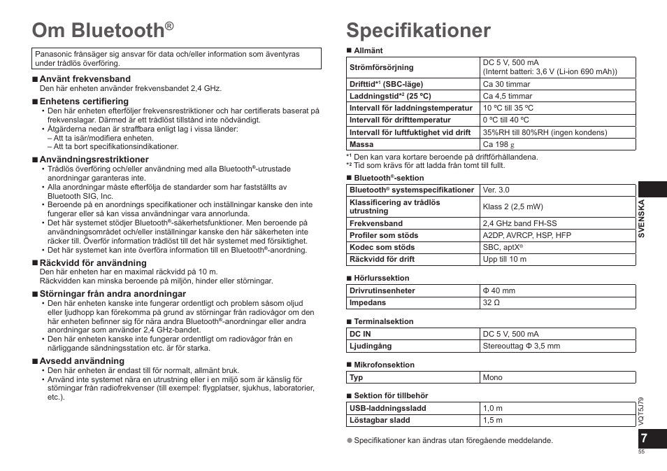Om bluetooth, Specifikationer | Panasonic RPBTD10E User Manual | Page 55 / 122