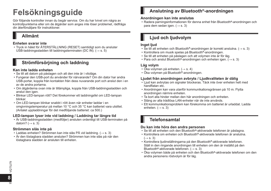 Felsökningsguide, Allmänt, Strömförsörjning och laddning | Anslutning av bluetooth, Anordningen, Ljud och ljudvolym, Telefonsamtal | Panasonic RPBTD10E User Manual | Page 56 / 122
