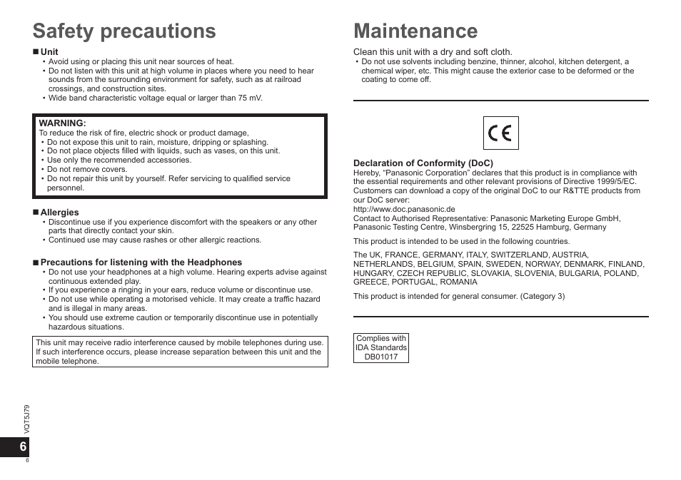 Safety precautions, Maintenance | Panasonic RPBTD10E User Manual | Page 6 / 122