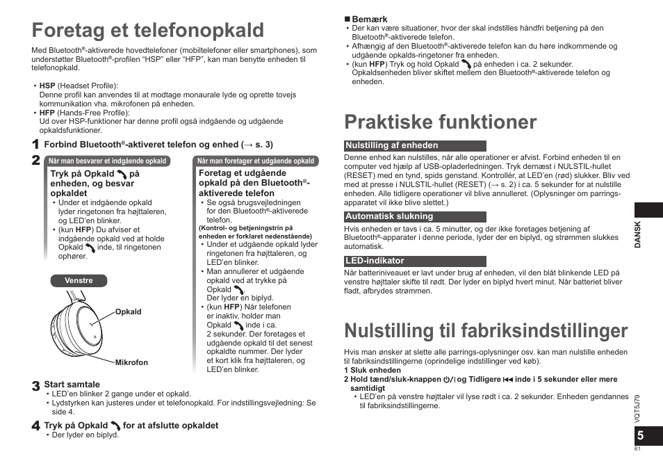 Foretag et telefonopkald, Praktiske funktioner, Nulstilling til fabriksindstillinger | Panasonic RPBTD10E User Manual | Page 61 / 122