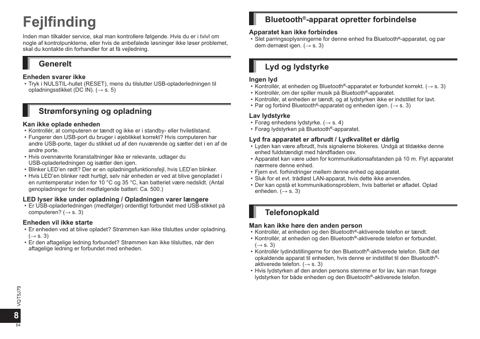 Fejlfinding, Generelt, Strømforsyning og opladning | Bluetooth, Apparat opretter forbindelse, Lyd og lydstyrke, Telefonopkald | Panasonic RPBTD10E User Manual | Page 64 / 122