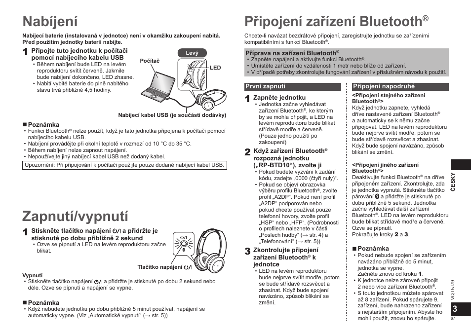 Nabíjení, Připojení zařízení bluetooth, Zapnutí/vypnutí | Panasonic RPBTD10E User Manual | Page 67 / 122