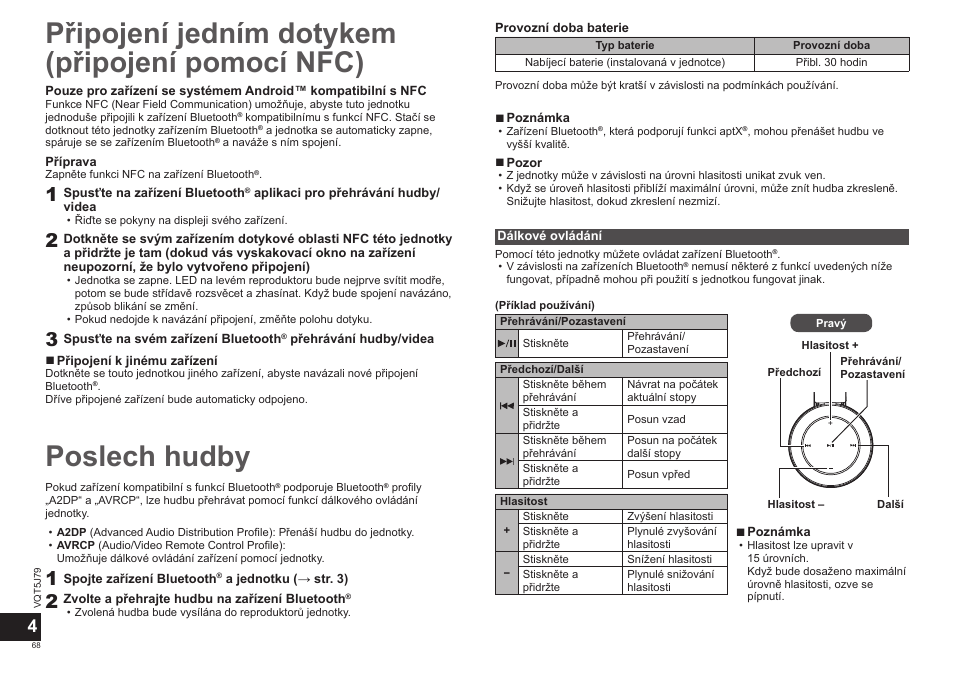 Poslech hudby, Připojení jedním dotykem (připojení pomocí nfc) | Panasonic RPBTD10E User Manual | Page 68 / 122