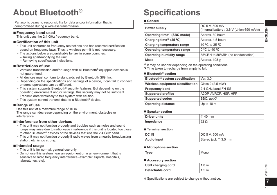 About bluetooth, Specifications | Panasonic RPBTD10E User Manual | Page 7 / 122