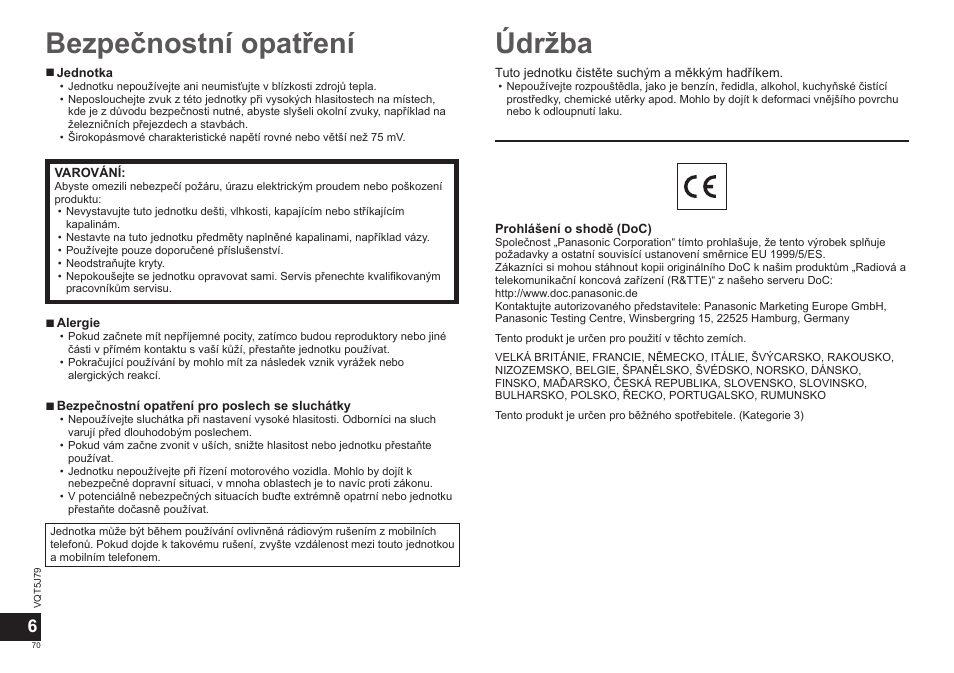 Bezpečnostní opatření, Údržba | Panasonic RPBTD10E User Manual | Page 70 / 122
