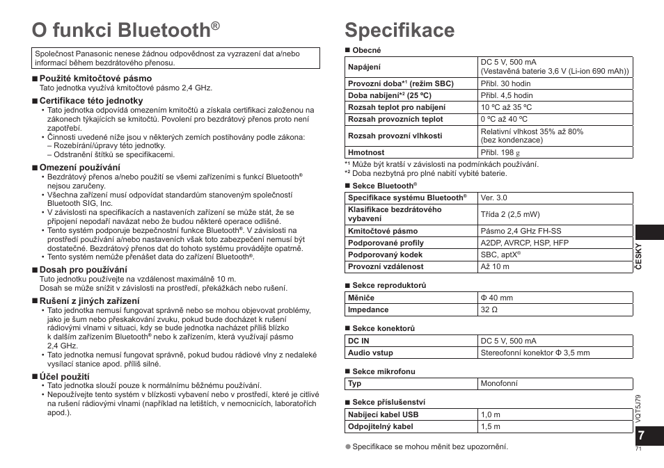 O funkci bluetooth, Specifikace | Panasonic RPBTD10E User Manual | Page 71 / 122