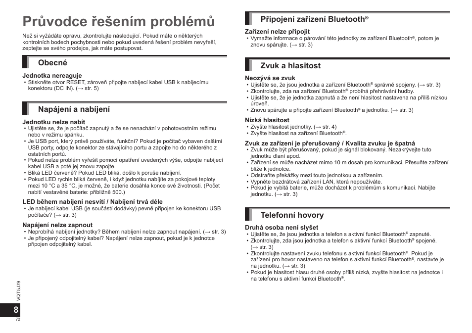 Průvodce řešením problémů, Obecné, Napájení a nabíjení | Připojení zařízení bluetooth, Zvuk a hlasitost, Telefonní hovory | Panasonic RPBTD10E User Manual | Page 72 / 122