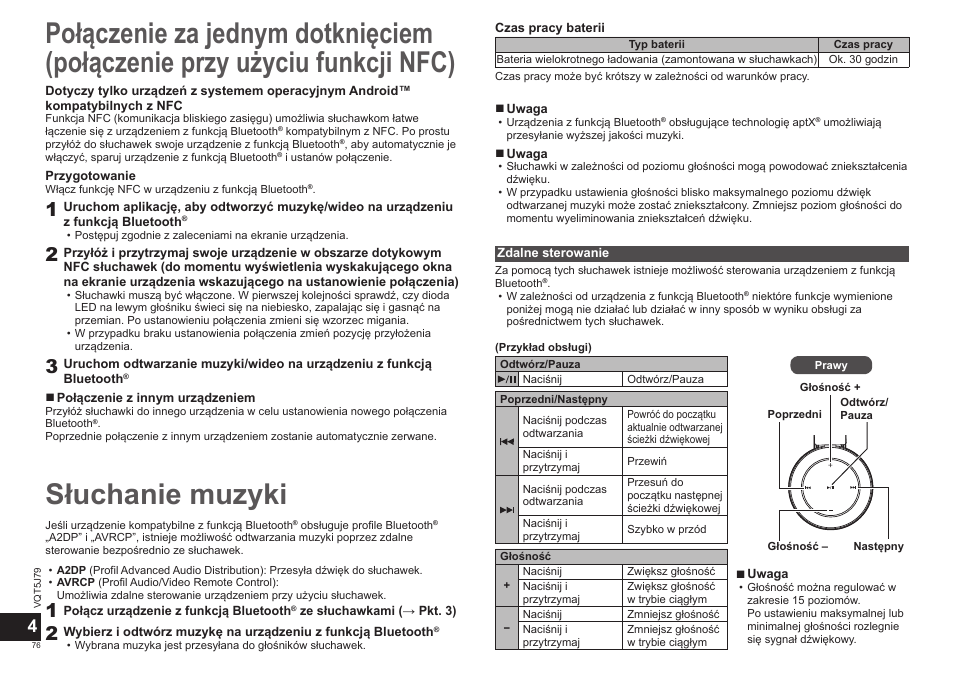 Słuchanie muzyki | Panasonic RPBTD10E User Manual | Page 76 / 122
