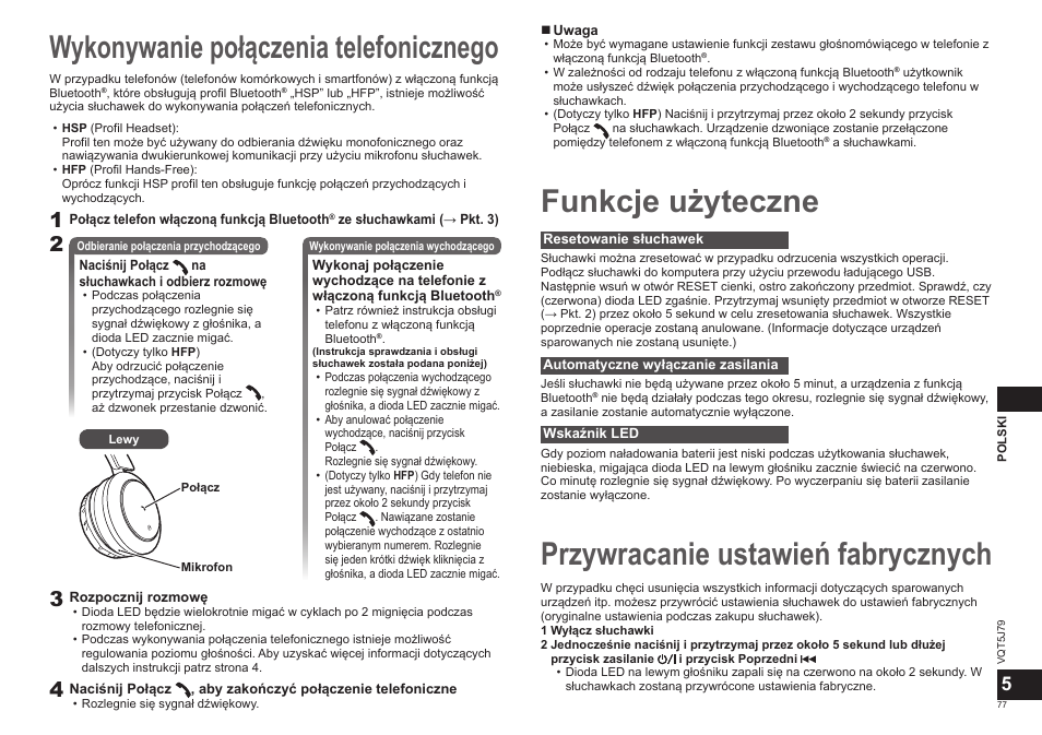 Wykonywanie połączenia telefonicznego, Funkcje użyteczne, Przywracanie ustawień fabrycznych | Panasonic RPBTD10E User Manual | Page 77 / 122