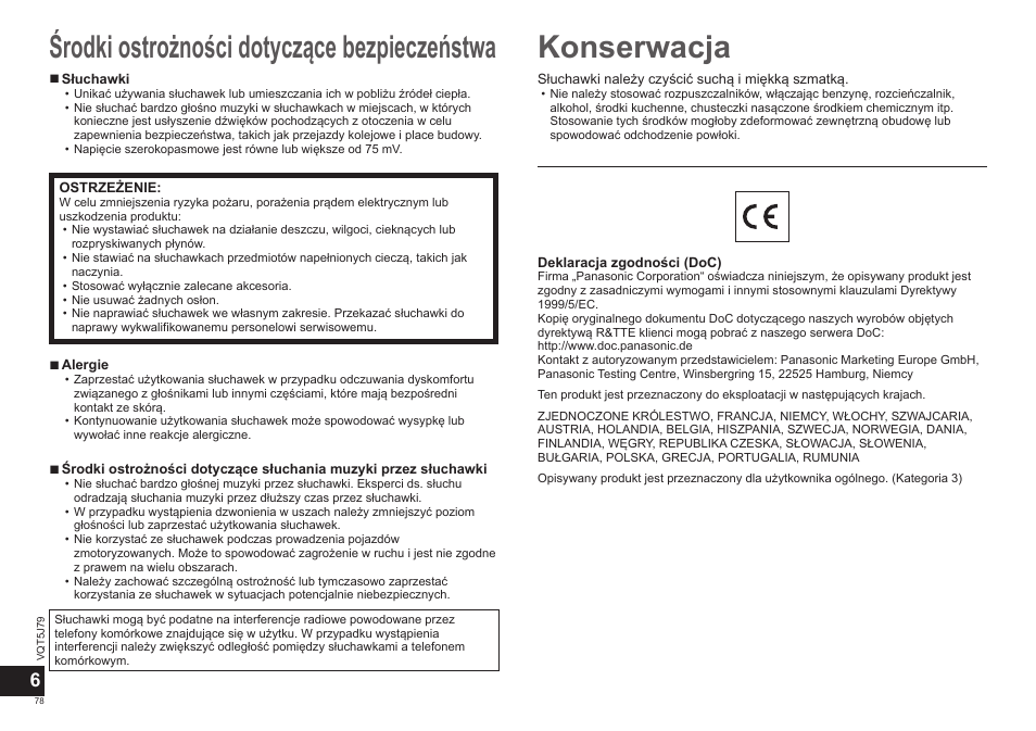 Środki ostrożności dotyczące bezpieczeństwa, Konserwacja | Panasonic RPBTD10E User Manual | Page 78 / 122