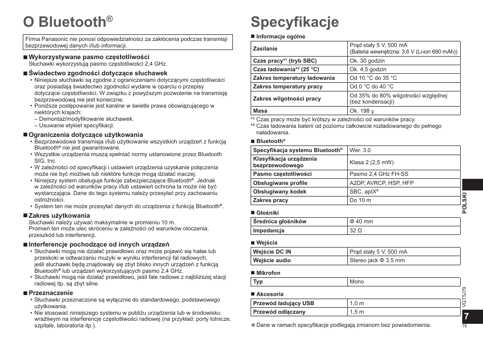 O bluetooth, Specyfikacje | Panasonic RPBTD10E User Manual | Page 79 / 122