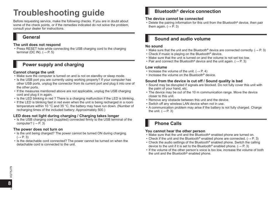 Troubleshooting guide, General, Power supply and charging | Bluetooth, Device connection, Sound and audio volume, Phone calls | Panasonic RPBTD10E User Manual | Page 8 / 122