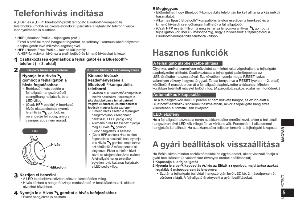 Telefonhívás indítása, Hasznos funkciók, A gyári beállítások visszaállítása | Panasonic RPBTD10E User Manual | Page 85 / 122