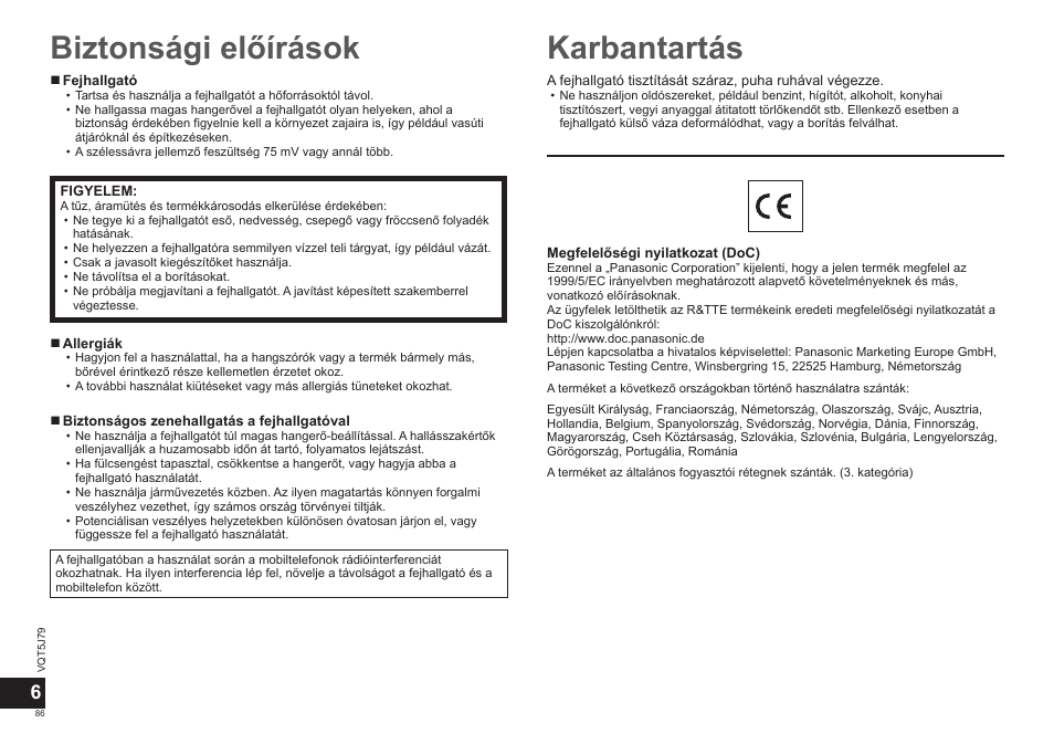 Biztonsági előírások, Karbantartás | Panasonic RPBTD10E User Manual | Page 86 / 122