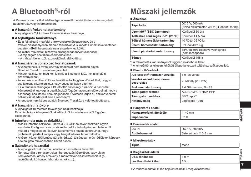 A bluetooth, Műszaki jellemzők | Panasonic RPBTD10E User Manual | Page 87 / 122