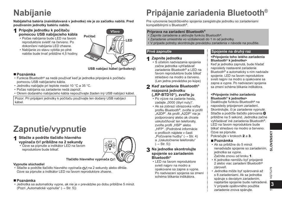 Nabíjanie, Pripájanie zariadenia bluetooth, Zapnutie/vypnutie | Panasonic RPBTD10E User Manual | Page 91 / 122