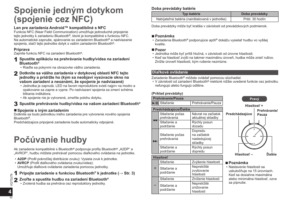 Počúvanie hudby, Spojenie jedným dotykom (spojenie cez nfc) | Panasonic RPBTD10E User Manual | Page 92 / 122