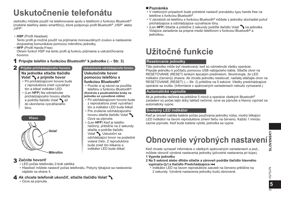 Uskutočnenie telefonátu, Užitočné funkcie, Obnovenie výrobných nastavení | Panasonic RPBTD10E User Manual | Page 93 / 122