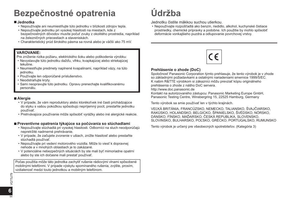 Bezpečnostné opatrenia, Údržba | Panasonic RPBTD10E User Manual | Page 94 / 122