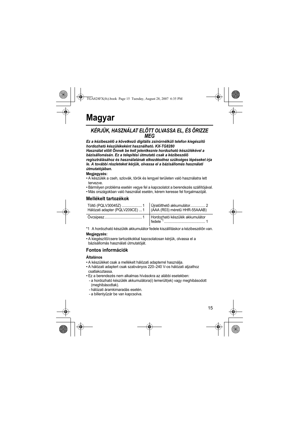 Magyar, Kérjük, használat előtt olvassa el, és őrizze meg | Panasonic KXTGA828FX User Manual | Page 15 / 44