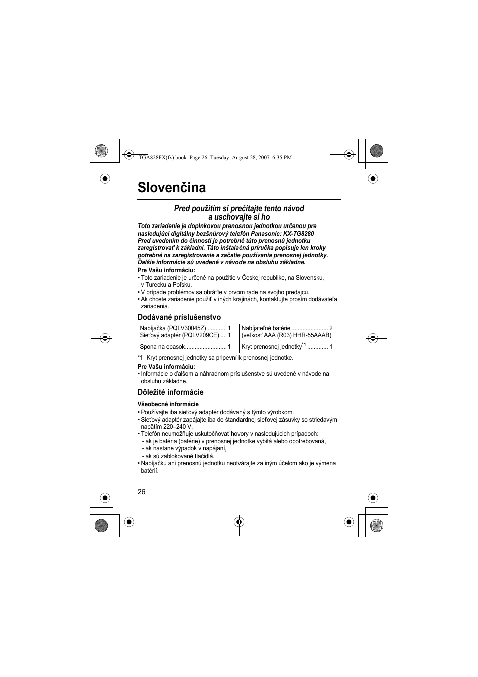 Slovenčina | Panasonic KXTGA828FX User Manual | Page 26 / 44