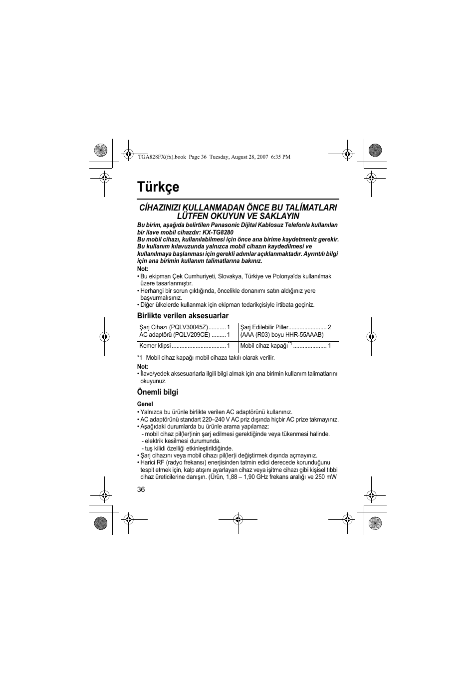 Türkçe | Panasonic KXTGA828FX User Manual | Page 36 / 44