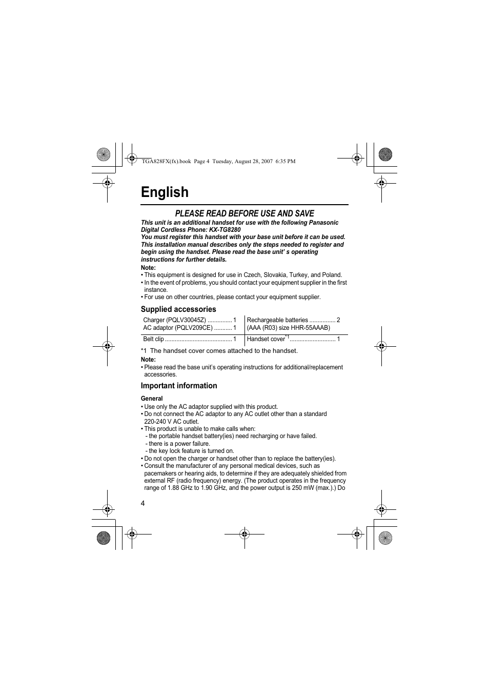 English, Please read before use and save | Panasonic KXTGA828FX User Manual | Page 4 / 44