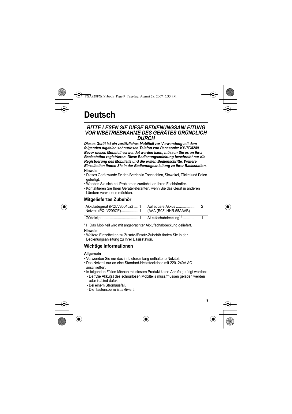 Deutsch | Panasonic KXTGA828FX User Manual | Page 9 / 44